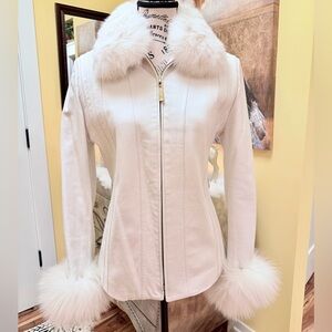 St. John Collection Winter White leather jacket with Mink fur around neck wrist